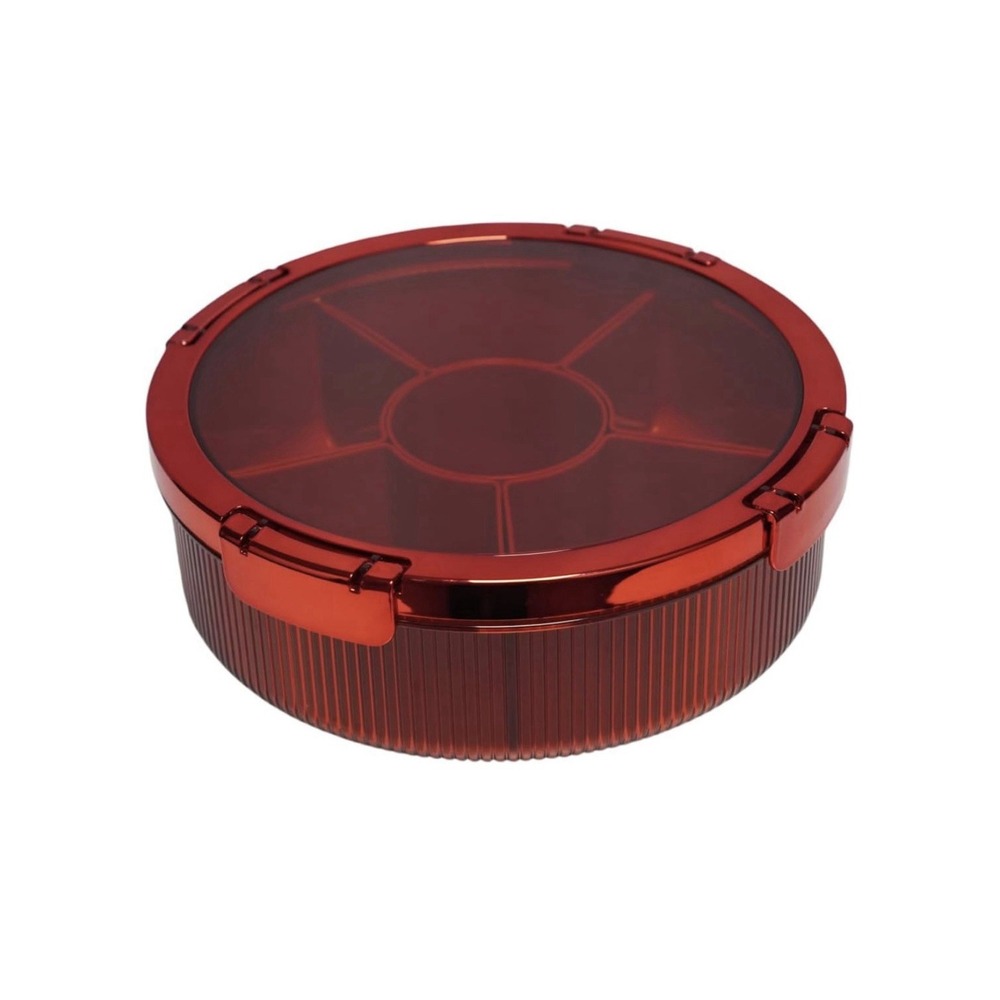 HOUSIO‎ Snackle Box Container, Round Divided Serving Tray with lid 6parts (Red)